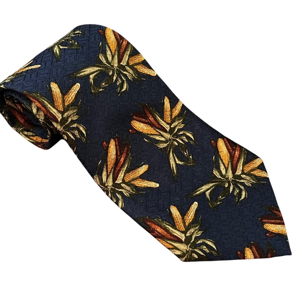 Vintage Chaps Ralph Lauren tie corn cob print fall‎ autumn blue yellow 100% silk